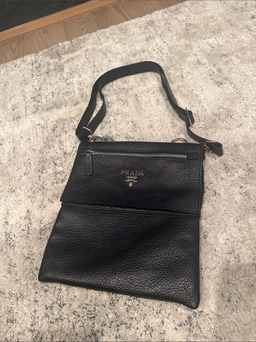 Prada Black Pebbled Leather Men's Messenger Crossbody